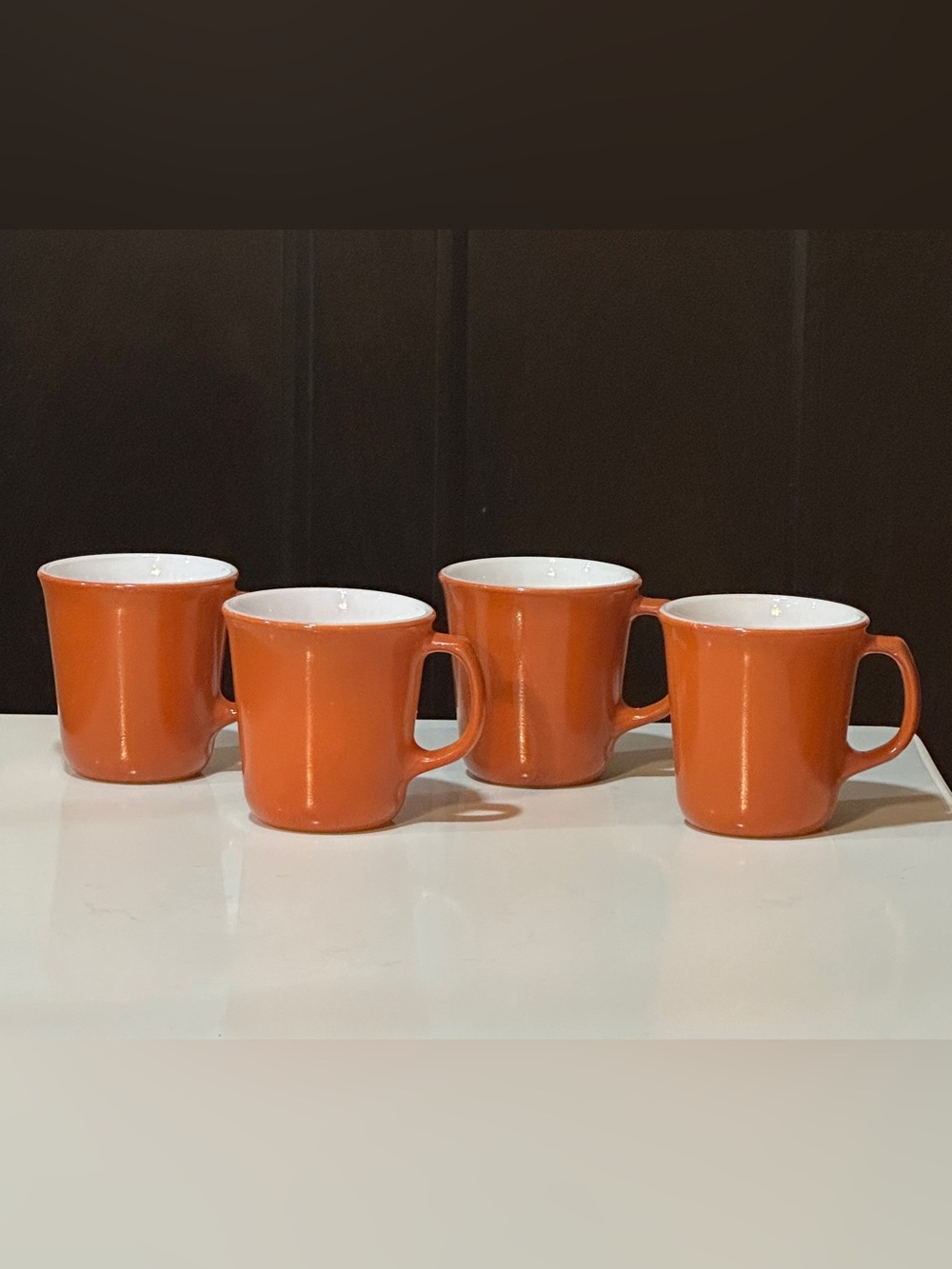 Corelle by Corning Glass Burnt Orange Milk Glass Coffee Mugs Vtg Set of 4